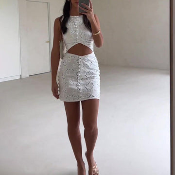 Women's Summer Round Neck Navel High Waist Slim Thin-Buttoned And Hip Dress